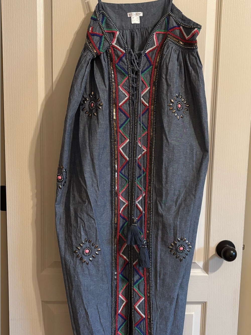Sfera Embroidered Chambray Maxi Skirt in Denim Blue